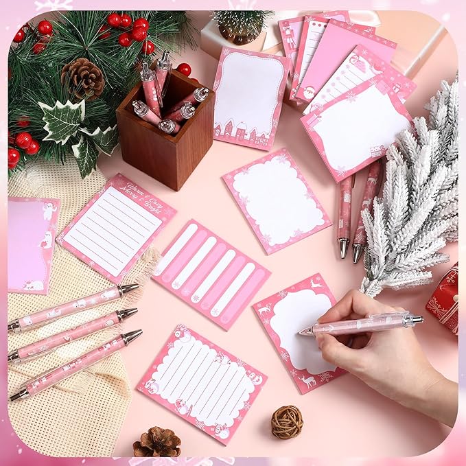 24 Pcs Pink Christmas Sticky Notes with Pens Holiday Gifts Self Adhesive Notepad Cute Memo Notes Pads Black Ink Ballpoint Pen for Office School Students Teacher Supplies