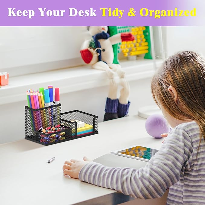 SUPEASY Pen Holder Desk Organizer, Office Supplies Pencil Holder with 3 Compartments, Desk Accessories and Workspace Organizers for Home School, Black