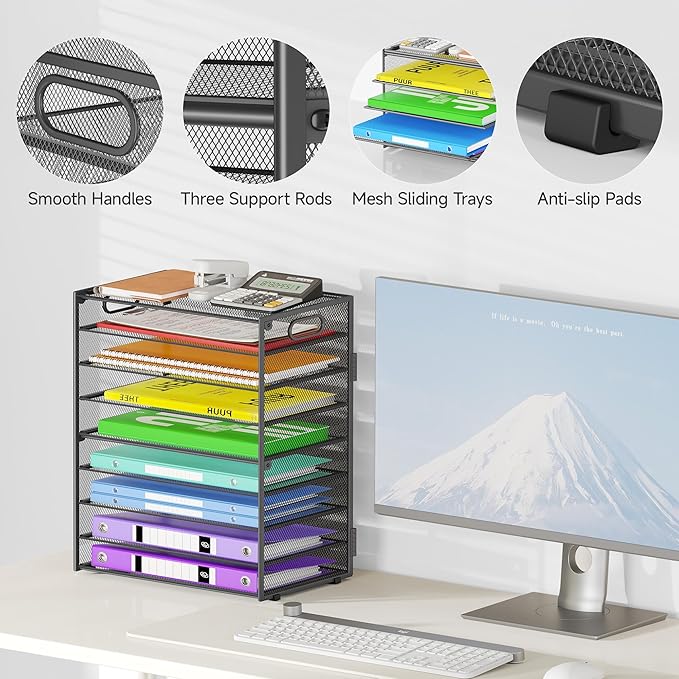9 Tier Paper Organizer with Handle, Large Capacity Desk Organizer Mesh Paper Letter Tray File Folder Document Sorter for Classroom and Office Accessories Organization- Grey (2 Pack)