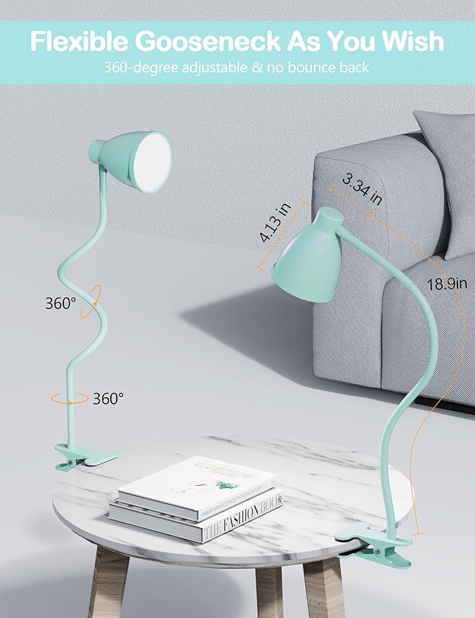 BOHON Desk Lamp with Clamp, 10W 38 LED Clip on Light, 5 Color 10 Brightness Auto Off Timer, Flexible Gooseneck Clip Lamp, Desk Lights for Office Home Bed Bedside Reading, Adapter Include, Teal