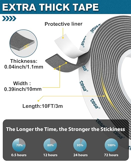 EMITEVER Double Sided Tape Heavy Duty | Strong Foam Mounting Tape for Walls, 0.4in x10ft Waterproof Two Sided Adhesive Tape with High Temp Tape, No Residue Removal for Automotive/Home
