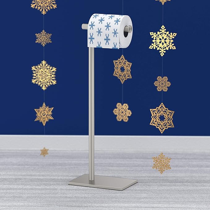 Gatco 1431SN, Modern Rectangle Base Freestanding Toilet Paper Holder, 22.25”, Satin Nickel/Free Standing Toilet Tissue Holder Stand with Weighted Base