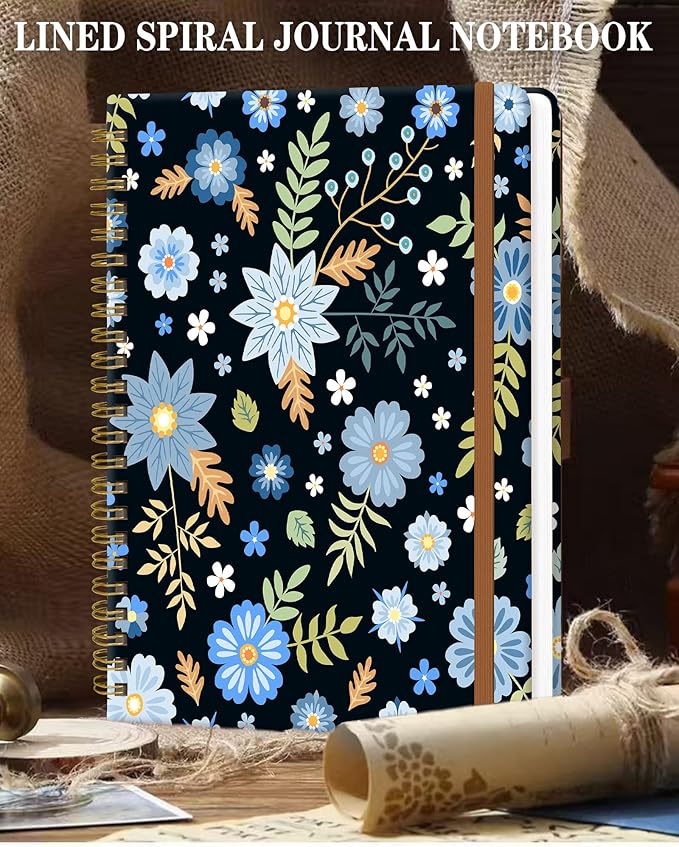 Spiral Journal Notebook for Women, Hardcover A5 College Ruled Notebook, 120 Pages, Thick Paper, Cute Lined Journal for School, Office & Work, 6 x 8.4 in(Blue Garden Flower)