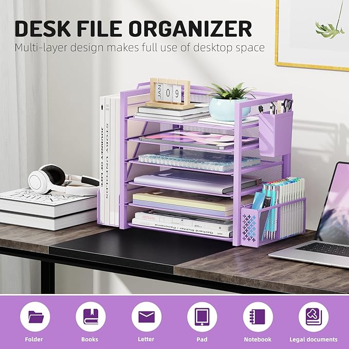Simple Trending 6 Tier Desk File Organizer, Paper Letter Tray Organizer with File Holder and Pen Container, Purple