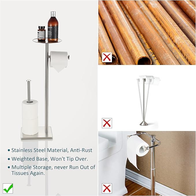 BVL Toilet Paper Holder Stand with Shelf Stainless Steel Brushed Nickel for Bathroom