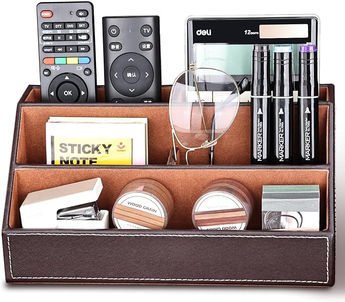 KINGFOM Pu Leather Desk Organizer with 5 Compartments Holder, Multi-Functional Office Supplies Storage Caddy for Pen/Pencil, Phones, Remote Controller and Desktop Accessorie Brown