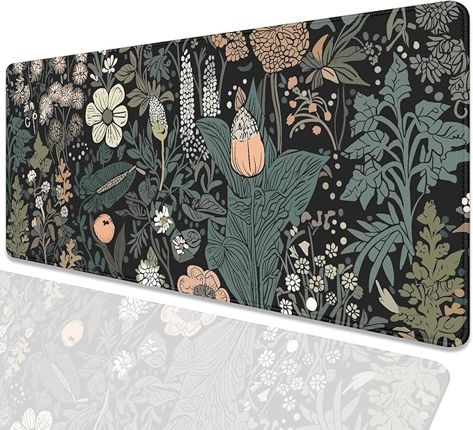 Dark Cottagecore Botanical Desk Pad Mouse Pad,Large Gaming Floral Mouse Mat with Stitched Edges,Non-Slip Waterproof Rubber Base Mousepad for Office Work Home Desk Mat(27.5X11.8 in)