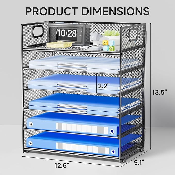 Paper Organizer for Desk File Organizer with Handle Mesh 6 Tier Letter Tray Paper Sorter Desk Organizer for Office Home Supplies-Grey