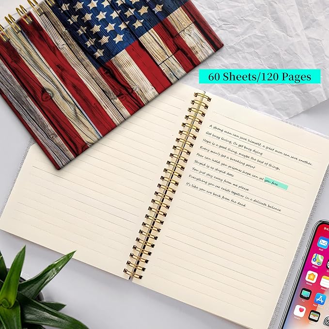 Spiral Notebook Journal for Women Men, A5 Hardcover Journal, 120 Pages Thick Paper, College Ruled Writing Notebook for School, Work & Office 8.3'' × 5.9''(Vintage Wood American Flag)