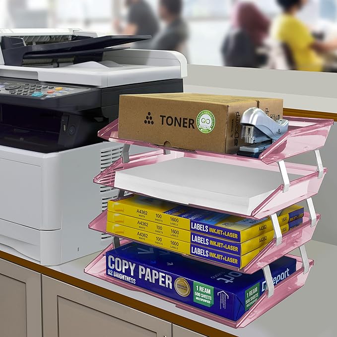 Acrimet Facility 4 Tier Letter Tray, Side Load, Letter Size/A4, Desktop File Organizer, Plastic (Clear Pink)