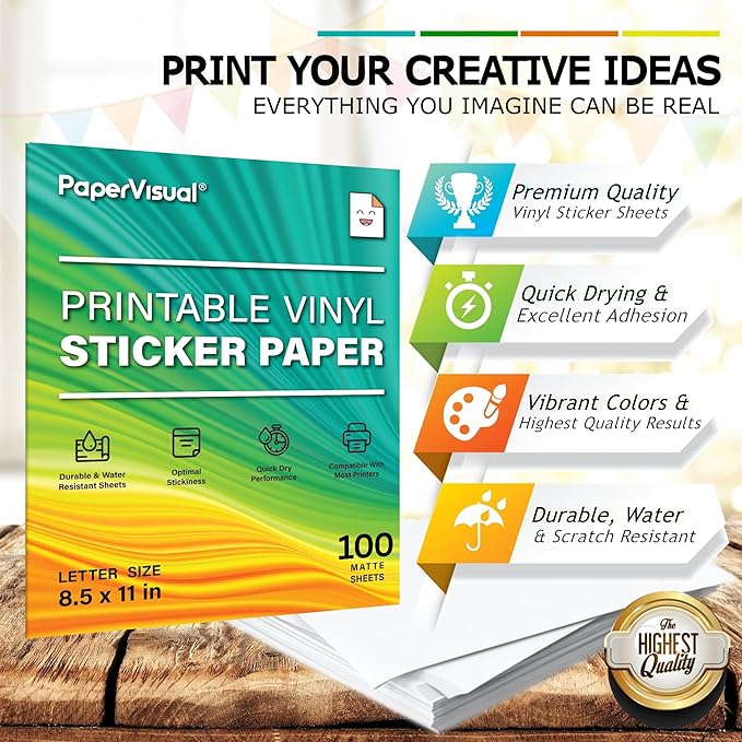 Premium Printable Vinyl Sticker Paper for Inkjet and Laser Printer - 100 White Matte Sticker Paper Waterproof - Excellent Adhesion Paper 8.5 x 11, Fast Dry, Holds Ink Well, Great for Cutting Machines