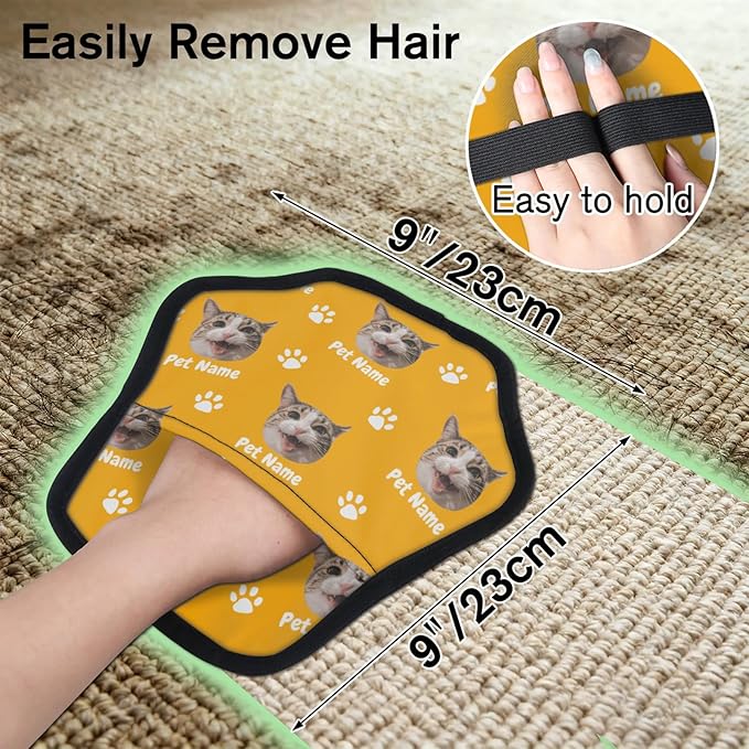 Personalized Pet Hair Remover Glove for Dogs & Cats - Custom Photo & Name Magic Brush for Dog Cat Hair Removal, Reusable Electrostatic Pet Hair Gloves for Furniture Carpet Couch, Face Paw Orange