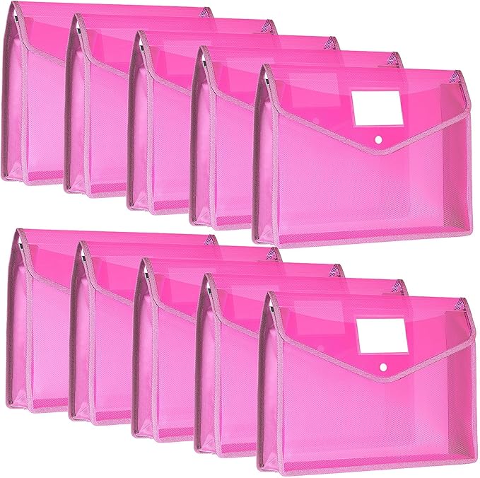 10 Pieces Plastic File Folders Envelope Expanding File Wallet Organizer Documents Folder with Snap Closure and Pocket, A4 Size Waterproof Transparent Pouch(Pink,Horizontal)