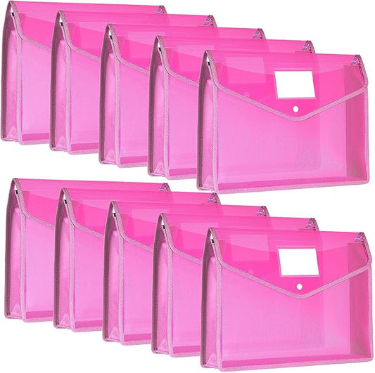 10 Pieces Plastic File Folders Envelope Expanding File Wallet Organizer Documents Folder with Snap Closure and Pocket, A4 Size Waterproof Transparent Pouch(Pink,Horizontal)