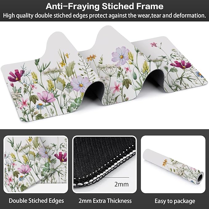 Desk Mat, Vintage Watercolor Flowers Extended Large Gaming Mouse Pad for Desk XXL, Non-Slip Rubber Base Stitched Edges Long Computer Keyboard Desk Pad Mouse Mat for Home Office Gaming 35.4"X15.7"