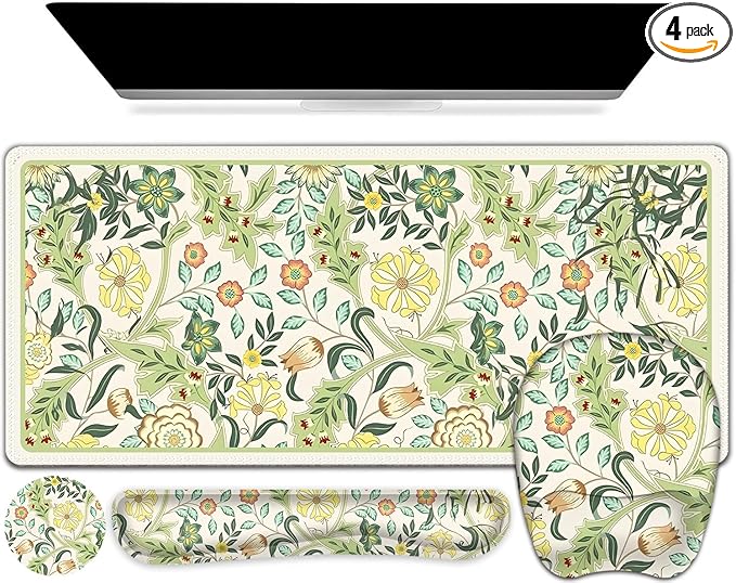 4 in 1 Large Mouse Pad, Keyboard Wrist Rest Set, Ergonomic Mouse Pad with Wrist Support, Desk Mat with Stitched Edges Extended Desk Pad Waterproof Desk Mat for Home Office Game I Green Flower Plants