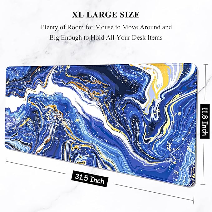 Auhoahsil Large Mouse Pad, XXL Gaming Mousepad, Desk Mat for Desktop, Thick Rubber, Big & Long Size, Stitched Edges, Full Desk Pad for Laptop & Computer, Extended 31.5 x 11.8 in, Navy Marble
