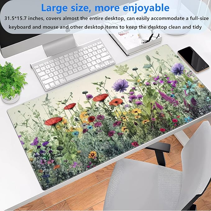 Boho Floral Desk Pad Watercolor Flowers Desk Mat XL Large Gaming Mousepad Extended Aesthetics Laptop Computer Keyboard and Mouse Pad Office Desk Decor for Women 31.5 x 15.7 in