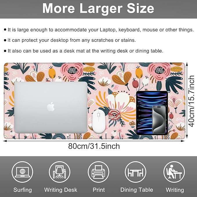 Mouse Pad, Large Colorful Flowers and Berries Desk Mat, Extended Non-Slip Gaming Keyboard Mousepad Desk Pad, Thick Stitched Edges Waterproof Mouse Mat 31.5"x15.7" (Beautiful Floral Plants)