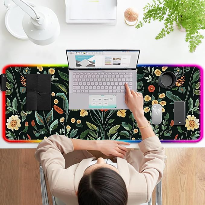RGB Floral Gaming Desk Mat, Computer Keyboard Large Extended Long Flower Plants LED Mouse Pad for Office and Home, XL (W19)