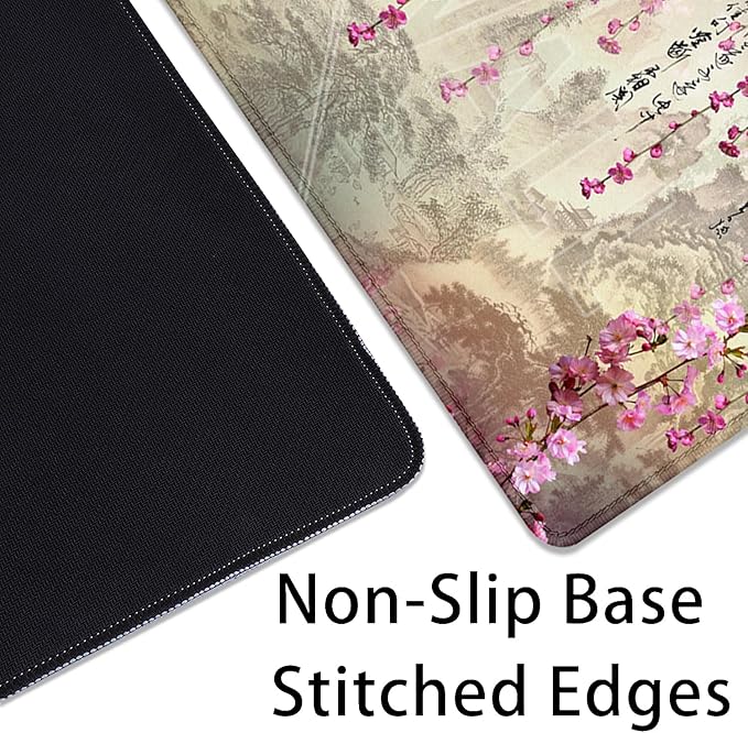 Mountains Flowers and Words Desk Pad Mouse Pad,Large Gaming Chinese Style Mouse Mat with Stitched Edges,Non-Slip Waterproof Rubber Base Mousepad for Office Work Home Desk Mat(27.5X11.8 in)
