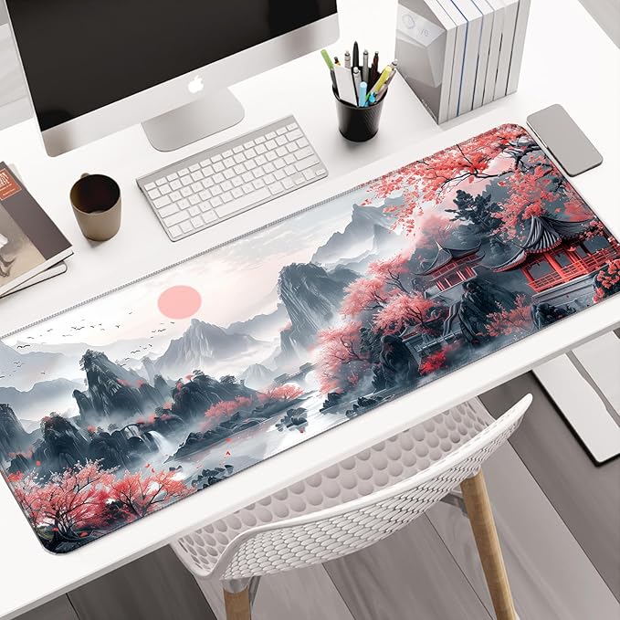 Japanese Cherry Blossom Desk Mat, Watercolor White and Pink Sakura Extended Large Gaming Mouse Pad, Computer Keyboard Laptop Mousepad for Work, Game, Office and Home, XL