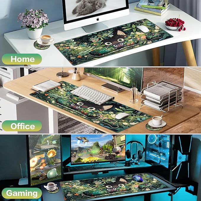 Mouse Pad Anime, Mouse Pad with Wrist Rest, 4-in-1 XXL Large Desk Mat +Mousepad with Gel Wrist Support+Keyboard Wrist Rest+Coaster, Ergonomic Gaming Cat Desk Pad, Funny Cute Office Desk Accessories