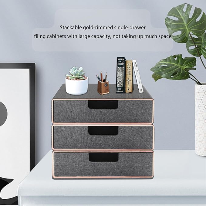 Desk Organizer with Drawer,Stackable Storage 1 Drawer Organizer,PU Leather Handmade Desktop Storage Drawers for A4 Paper/Magazine/Book/Filing/Jewelry/Makeup Home Decor Accessories,Grey