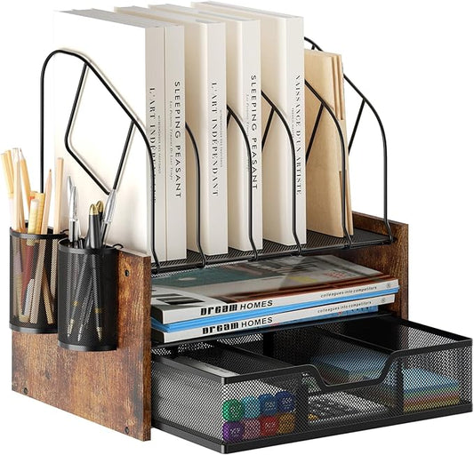 Wood Desk Organizer - 2-Tier Desktop File Organizer with Drawer with Vertical File Holder, Wooden Paper Tray, Office Desk Organzier and Accessories for Papers, Mail, Notebooks, Stationery
