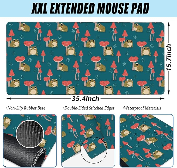 Desk Pad, Cute Green Frogs and Mushrooms Extended Large Gaming Mouse Pad XXL, Large Desk Mat for Desktop with Non-Slip Rubber Base Stitched Edges for Home Office 35.4"X15.7"
