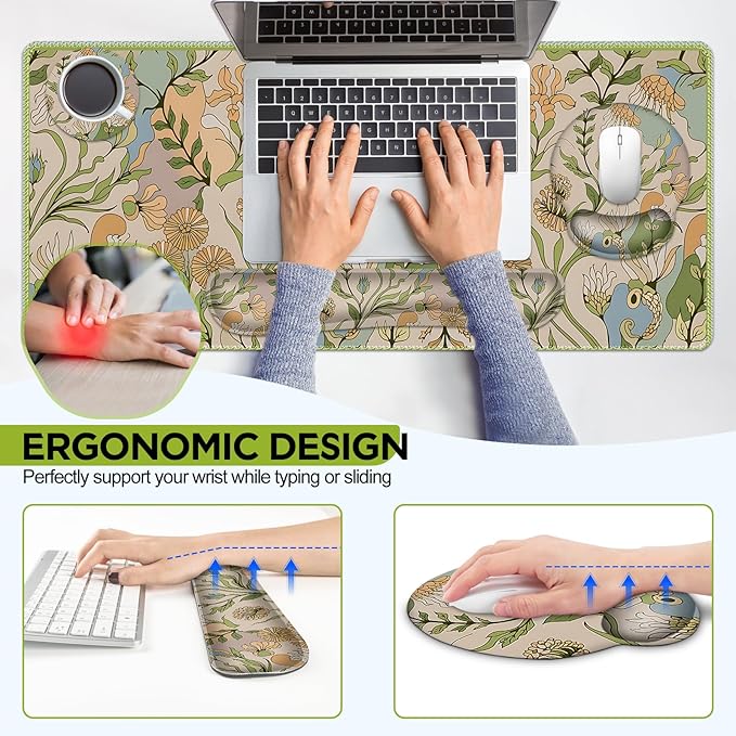 AIMSA Mouse Pad Set Large Desk Mat, Ergonomic Mouse Pad with Wrist Rest, Gaming Mouse Pad Wrist Support Keyboard Mat Combo Office Desk Decor Accessories, Abstract Flower Plants