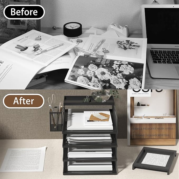 Stackable Letter Trays, 4 Tier Metal Paper Tray & Desk Organizer, Stackable File Trays for Office & Home, Multi-Functional Document Tray with Fine Grid Design & Magnetic Labels,Black