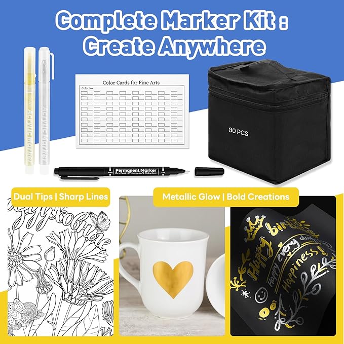 Alcohol Markers Dual Tip - 80+4 Colors Drawing Marker Alcohol Based Markers Set for Adult Kids Coloring Book Art Marker Pens with Carrying Case