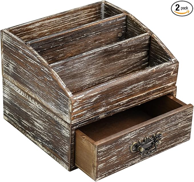 Office Desk Organizer with Drawers & Dark Brown Vintage Wood Desktop Storage Caddy 2pcs/set Workspace Supplies Farmhouse Mail Countertop Organizer Makeup Storage Box for Home Decor Supplies Vanity……