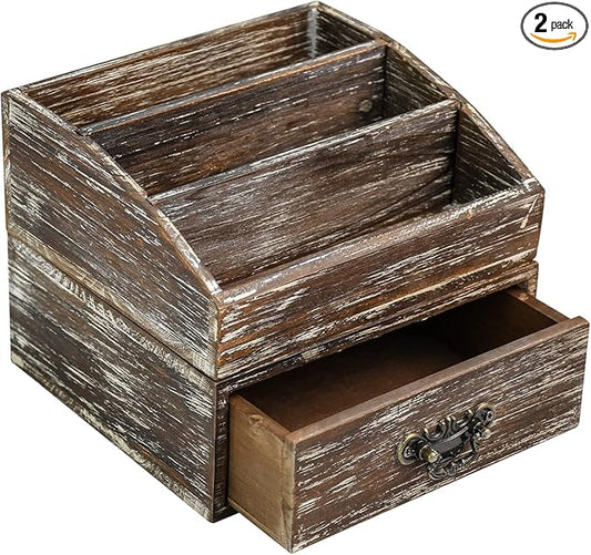 Office Desk Organizer with Drawers & Dark Brown Vintage Wood Desktop Storage Caddy 2pcs/set Workspace Supplies Farmhouse Mail Countertop Organizer Makeup Storage Box for Home Decor Supplies Vanity……
