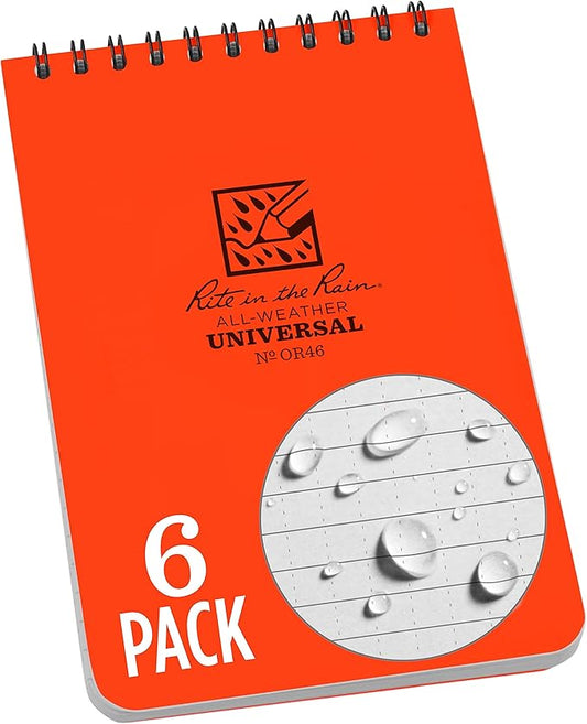 Rite in the Rain Weatherproof Top Spiral Notebook, 4" x 6", Orange Cover, Universal Pattern, 6 Pack (No. OR46L6)