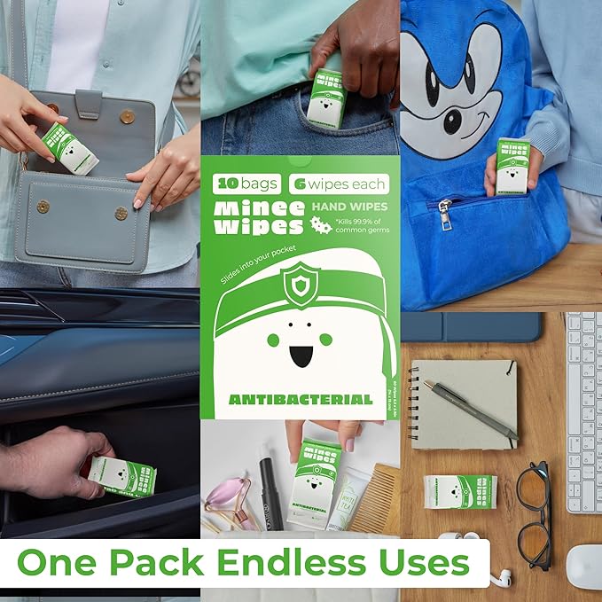 Impossibly Compact Travel Antibacterial Wipes Hand Sanitizer - 99.5% Water and Aloe - Safe for Sensitive Skin & Hypoallergenic Hand Wipes - Travel Essentials For Adults & Kids, 10 Pack Total 60 Wipe