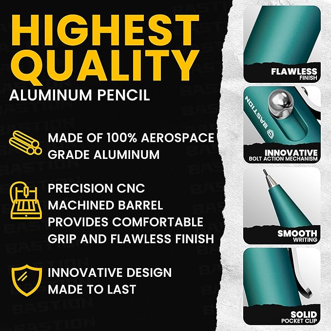 Bastion Mechanical Pencil with Medium Point Refillable Leads - Premium Aluminum Bolt Action Gift Case Metal For Architecture, Drawing, Sketching 20 x 0.7mm Lead Refills, (PENCL-BLTACN-ALTFB)