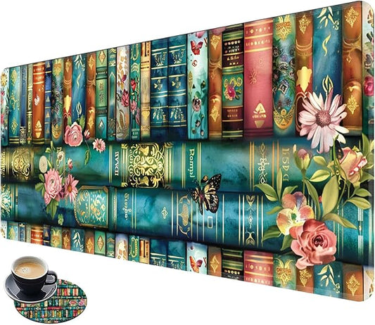 Desk Mat XL Mouse Pad + Coaster, Large Gaming Mouse Pad (31.5x11.8 inch) with Stitched Edges, Extended Mouse Mat Keybroad Mousepad Non-Slip Rubber for Gamer Men Women, Magic Books Flowers