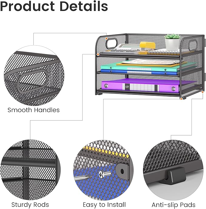 3 Tier Paper Organizer with Handle, Metal Desk Organizer Mesh Paper Letter Tray Desktop File Folder Document Sorter for Classroom, School, Office Accessories Organization and Storage - Grey