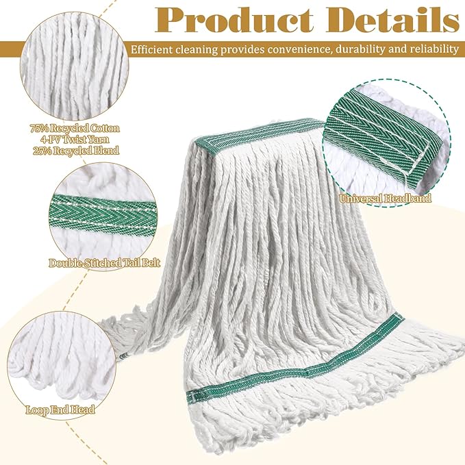 BOHUIZ 20oz Commercial Mop Head Replacement, 6 Pack Heavy Duty Industrial Cotton Loop-End String Wet Mop Head Refills for Home Garage Office Kitchen Industrial Floor Cleaning (White, Green)