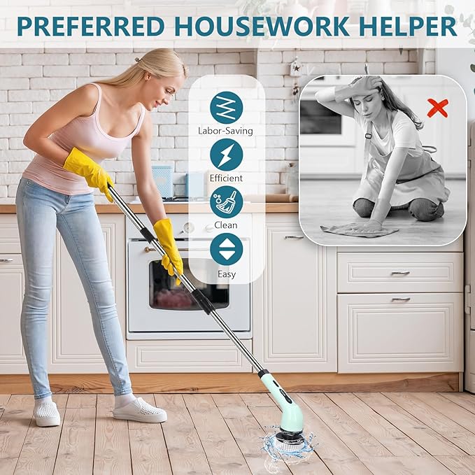 Electric Spin Scrubber, Cordless Cleaning Brush with 9 Replaceable Brush Heads, Power Scrubber Dual Speed with Adjustable and Detachable Handle for Bathroom Kitchen Cleaning