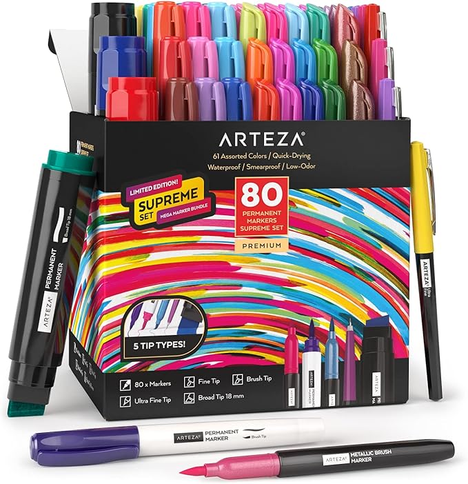 ARTEZA Permanent Markers – Set of 80 with 61 Assorted Colors, Low-Odor Quick-Dry Paint Pens, Broad, Fine, and Brush Tip for Arts, Crafts & Labeling