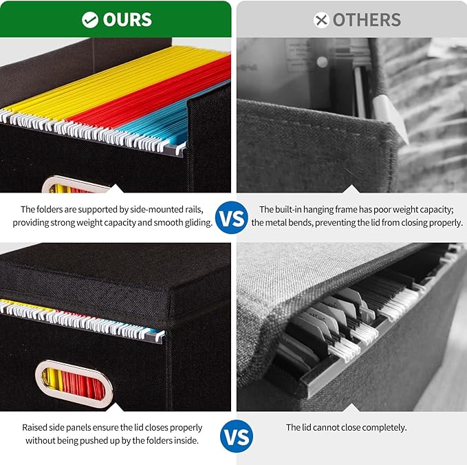 4 Pack Hanging File Folders Organizer with Lid, Letter Size Fabric File Storage Box Collapsible, Portable Office Document Holder with Metal Handle, Smooth PVC Rails, Black