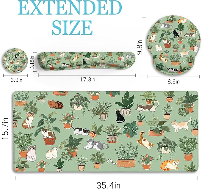 Cat Mouse Pad XXL Desk Mat Set, Green Ergonomic Mouse Pad with Wrist Rest, Large Gaming Mousepad Wrist Support Keyboard Mat Cup Coaster Set Cute Office Desk Decor Accessories
