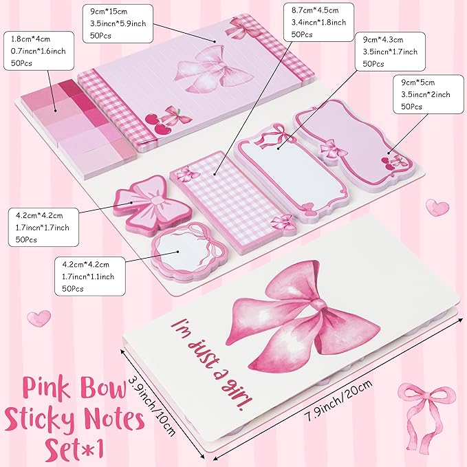 Xqumoi Coquette Pink Bow Sticky Notes Set - I’m Just A Girl Self-Stick Note Pads Bowknot Notepads Writing Memo Pad Page Marker Bookmarker Preppy Girly Stuff Back to School Office Supplies Gift