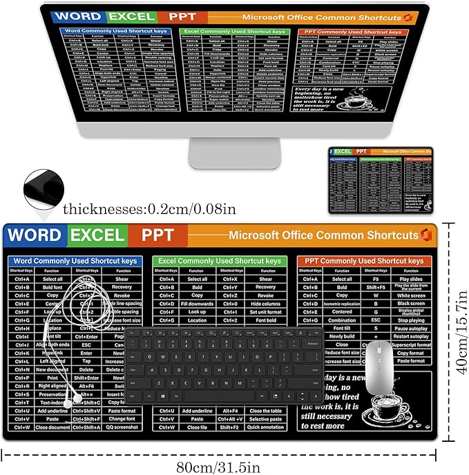 Microsoft Office Shortcuts Desk Pad Protector, Stitched Edges Mouse Pad, Large Office Desk Mat, Non-Slip Desk Blotter, Laptop Desk Pad, Desk Writing Pad for Office and Home (31.5" x 15.7 ")