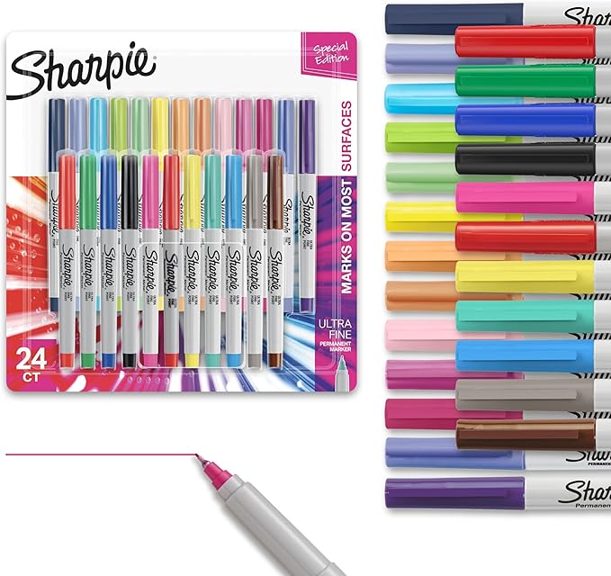 Sharpie Color Burst Permanent Marker Set, Ultra-Fine Tip Markers, Assorted Colors, 24 Count - Writing, Drawing, Artist, School, Teacher Supplies