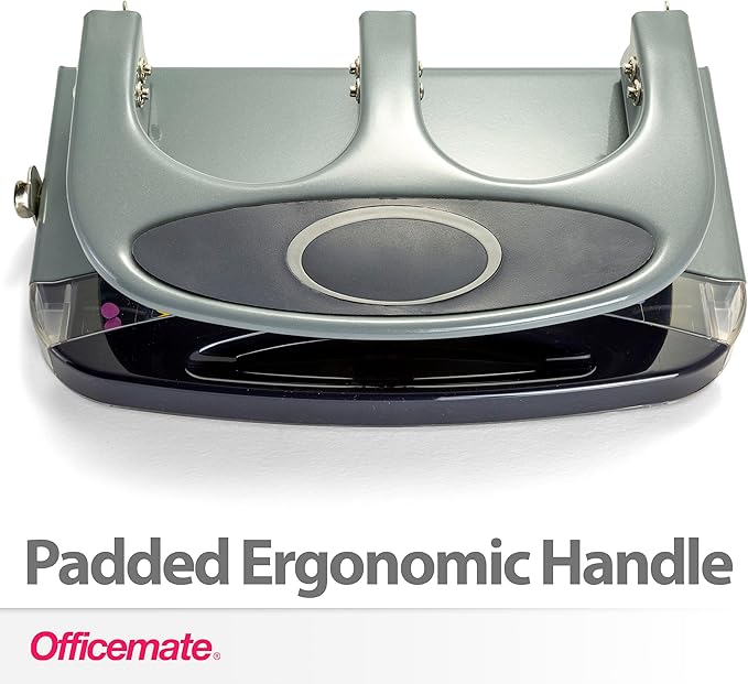 Officemate Deluxe 3-Hole Punch, Heavy Duty, with Chip Drawer, 45 Sheet Capacity (90100), Silver/Navy