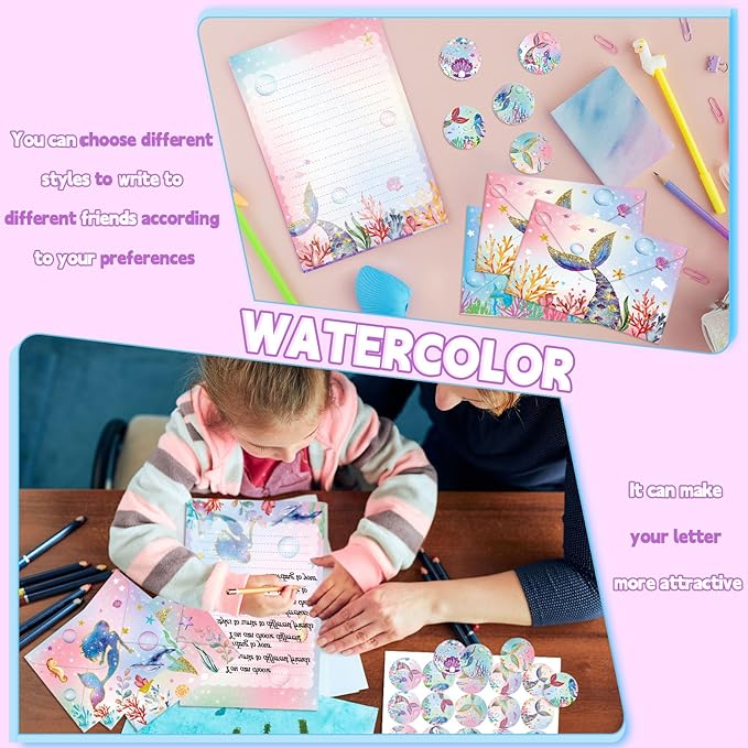 TaoBary 160 Pcs Stationery Paper Set 50 Double Sided Stationery Papers with 50 Matching Envelopes and 60 Round Dot Sticker, 10 Design(Mermaid,5.5 x 8.25 Inch)